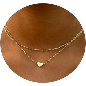 14K Gold Plated Layered Disc & O Chain Necklace | Dainty Heart Pendant